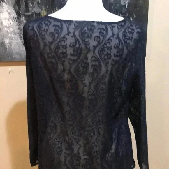 NWT Ann Taylor LOFT Navy Blue Floral Jacquard Sheer Long Sleeved Top-MP - Picture 7 of 12